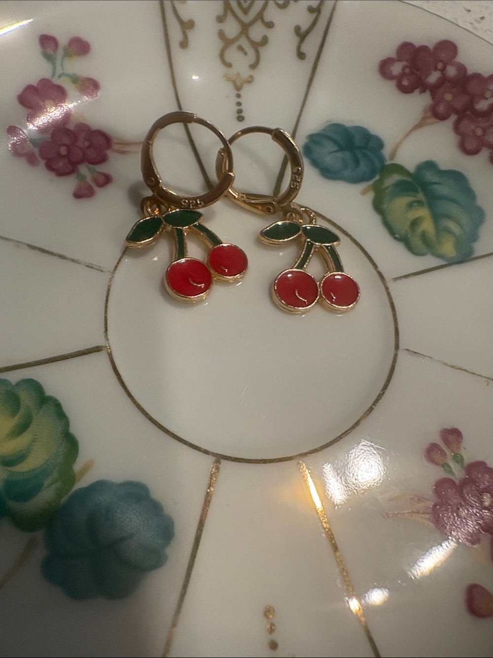 925 Sterling Gold Cherry Enamel Hoop Earrings - Red & Green